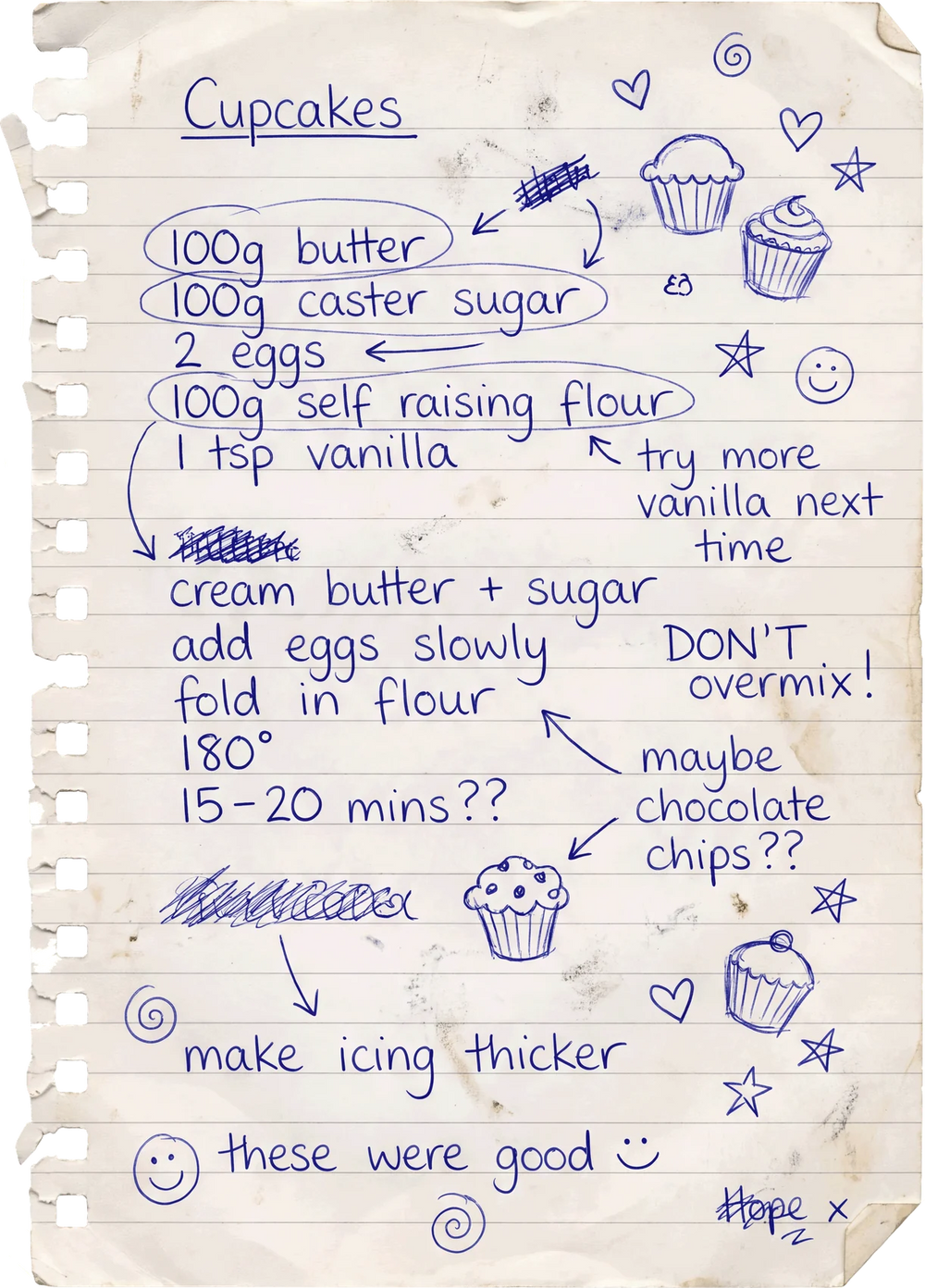 Hope's handwritten cupcake recipe page