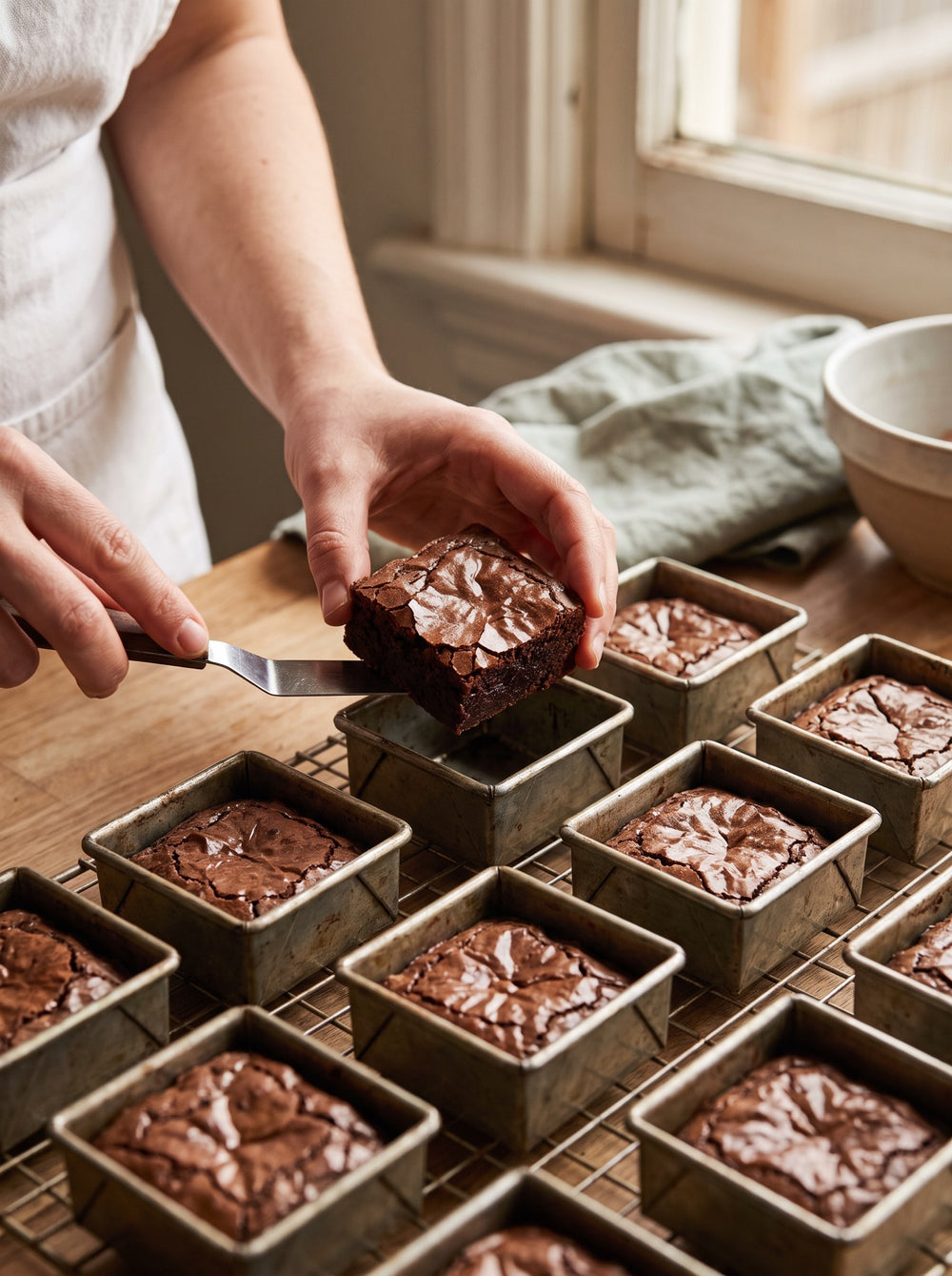 Individual square brownie tins on a cooling rack