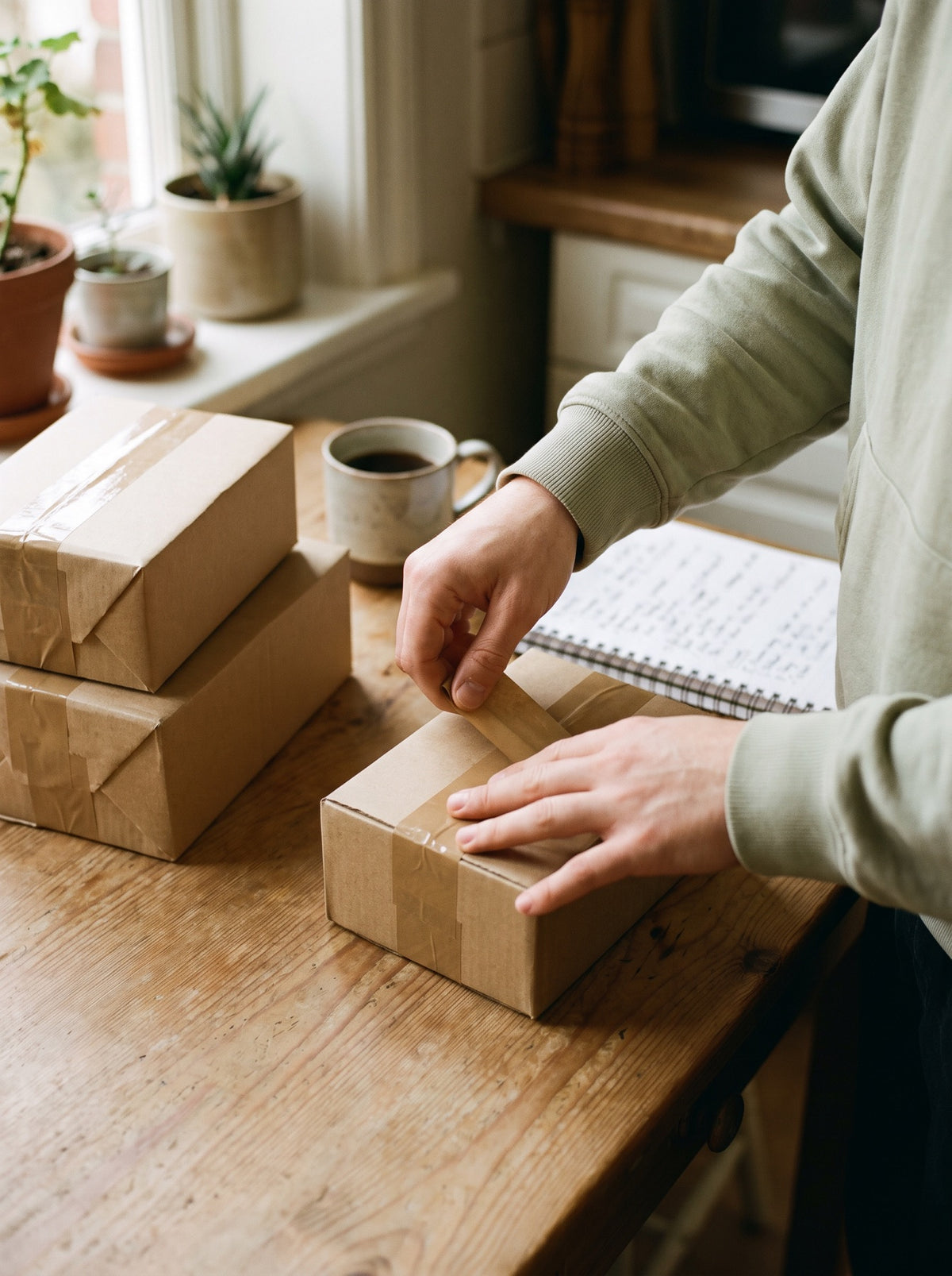 Hands sealing a small parcel on a kitchen table