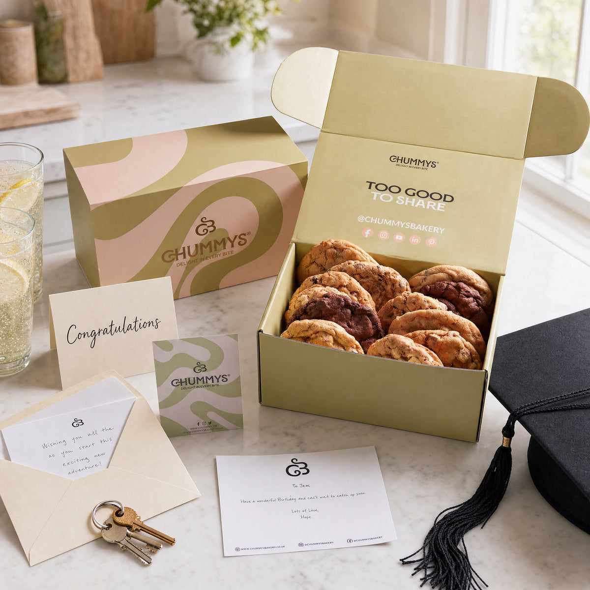 Congratulations Cookie Gift Box by Chummys Bakery, styled scene
