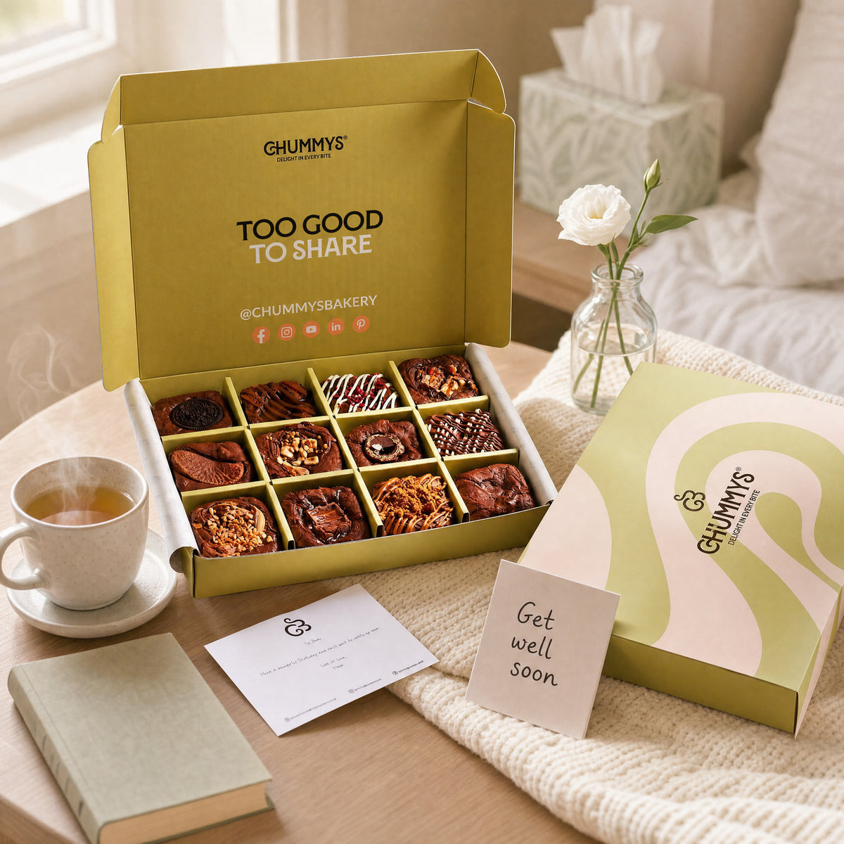 Get Well Soon Brownie Gift Box by Chummys Bakery, styled scene