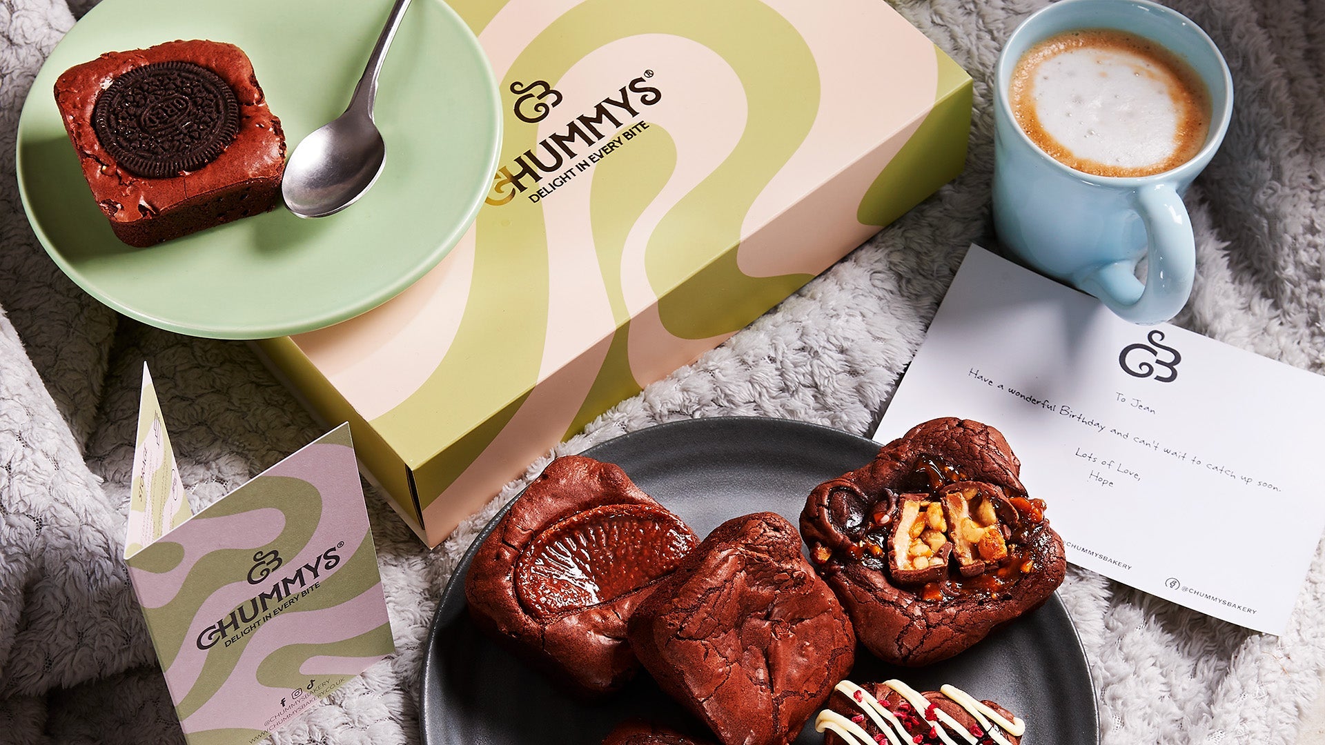 A box of Chummys deep-filled postal brownies