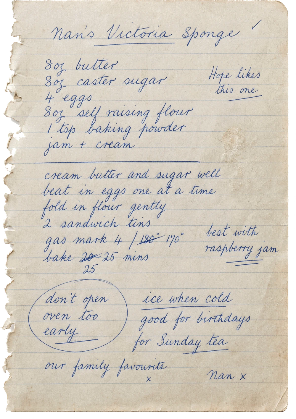 Nan's handwritten Victoria sponge recipe