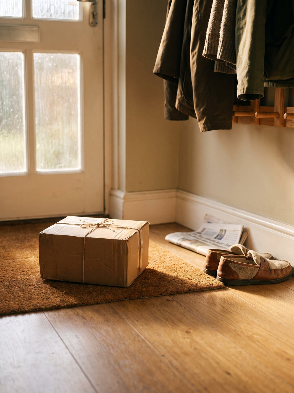 A parcel on a doormat in the morning light