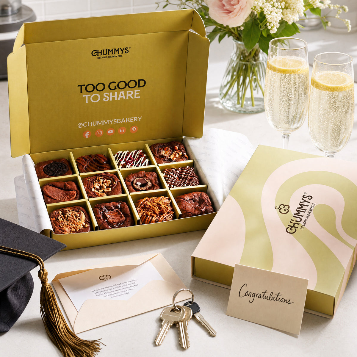 Congratulations Brownie Gift Box by Chummys Bakery, styled scene