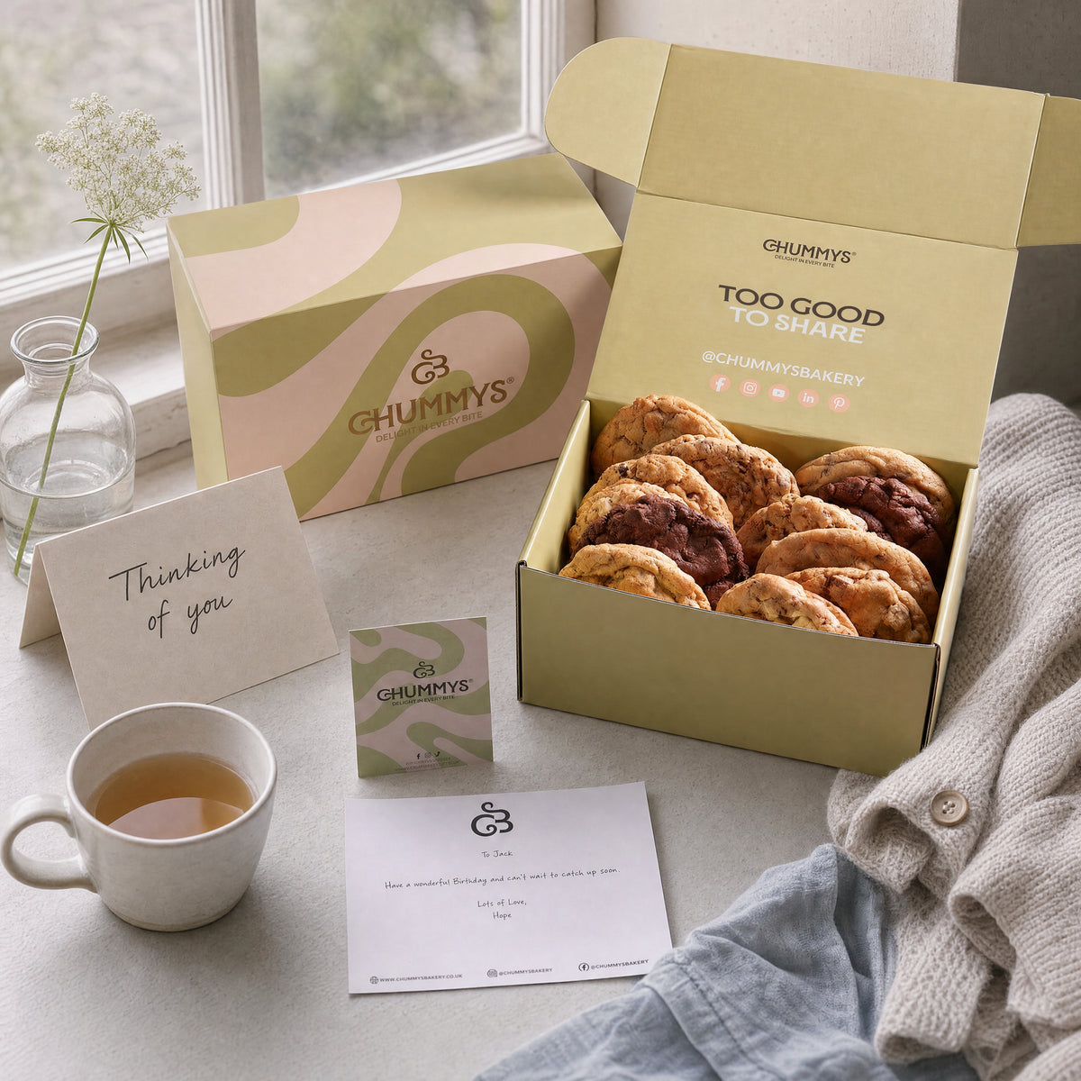 Thinking of You Cookie Gift Box by Chummys Bakery, styled scene